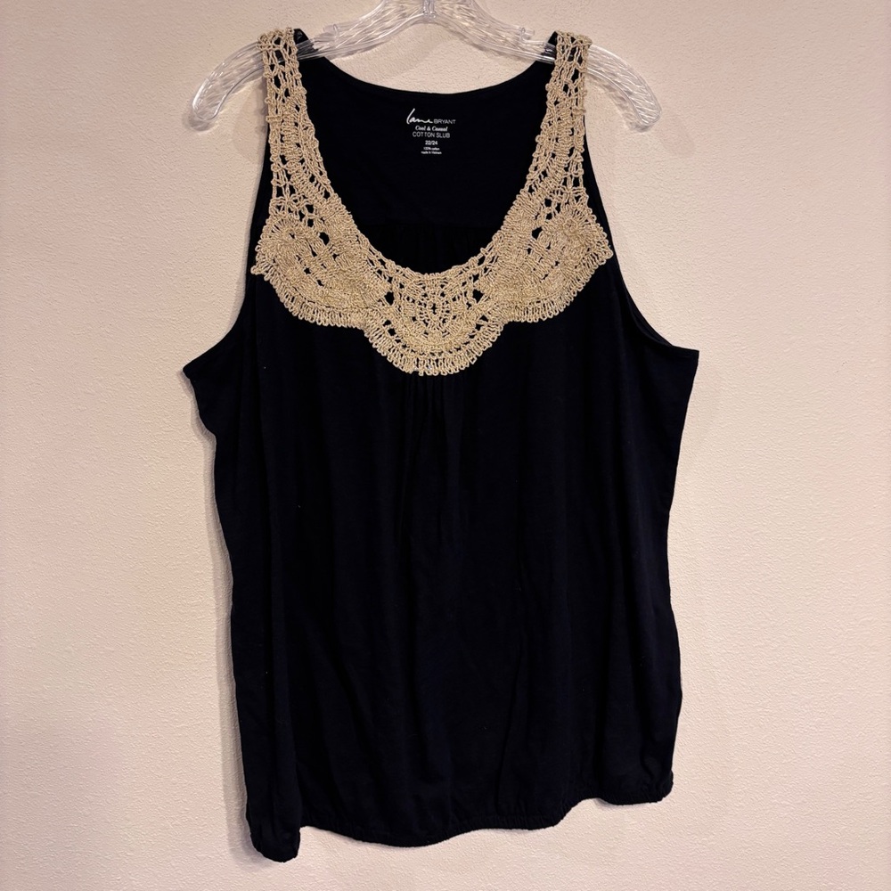 Lane Bryant Women’s Cool & Casual Black Tank Top with Cream Lace Detail SZ 22/24